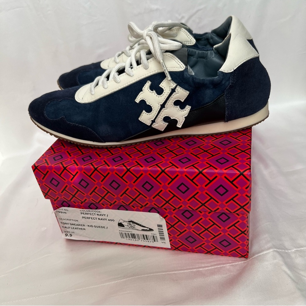 Tory Burch Suede/Leather Perfect Navy Ballet Sneakers Lace Up Size 9.5 New